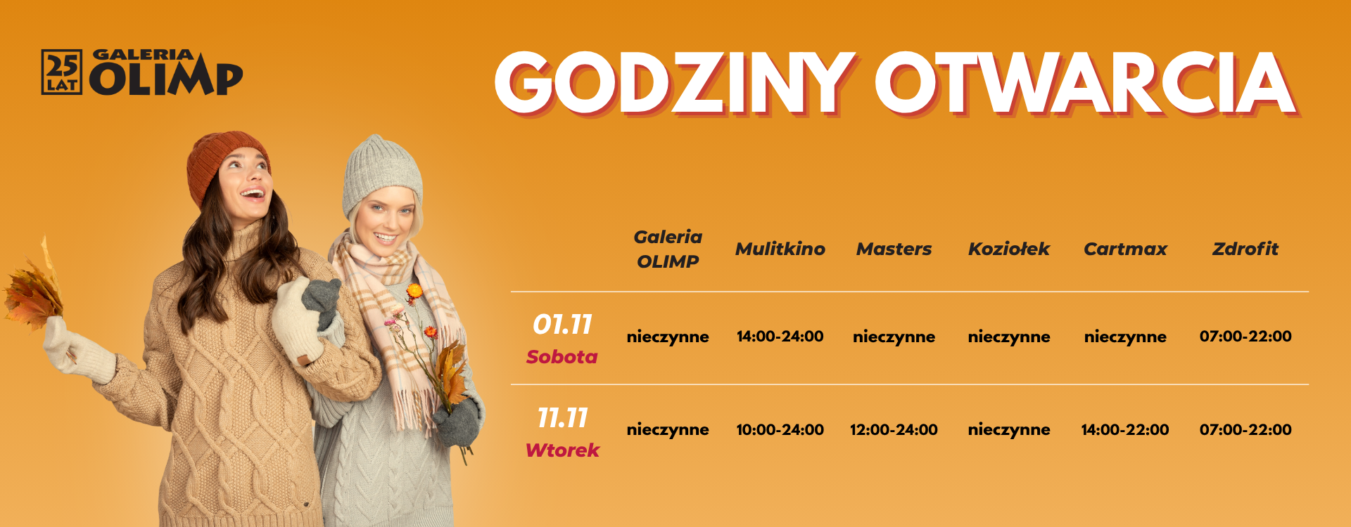 Godziny Otwarcia 1920×720 Grafika z godzinami otwarcia Galerii Olimp